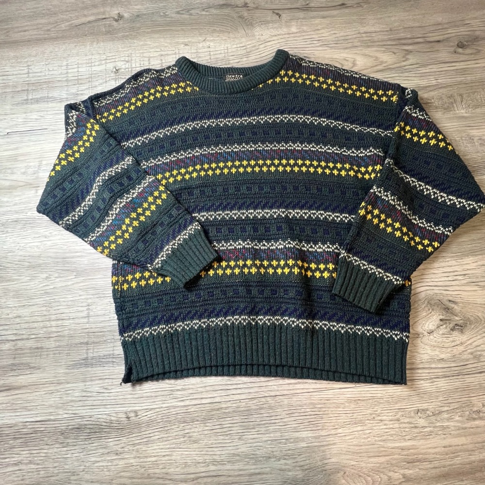 New Era Sweater Mens XL Green Fair Isle Geometric Knit Vintage 90s Made in USA